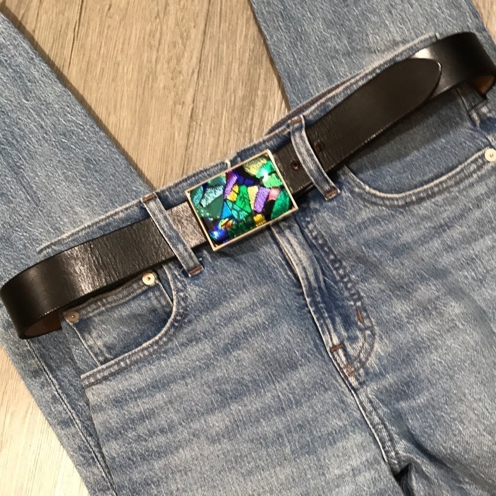 Dichroic Glass Belt Buckle on Black Heavy Duty Black Leather Belt size L/XL‎
